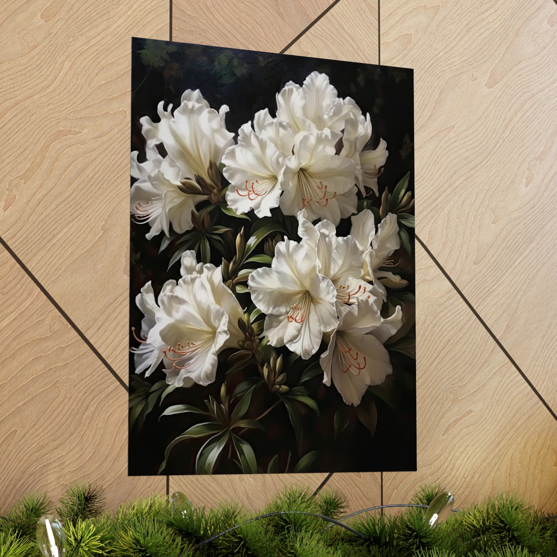 Elegant White Azalea Blossoms Dark Moody Botanical Art Poster - Image 2