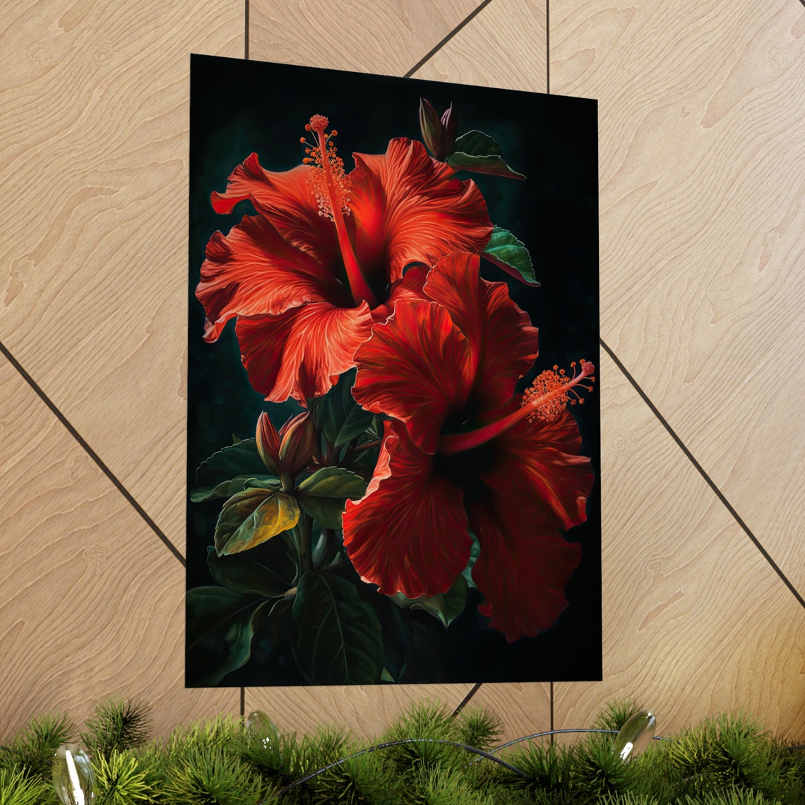 Scarlet Red Hibiscus Blooms Dark Background Floral Fine Art Poster - Image 2