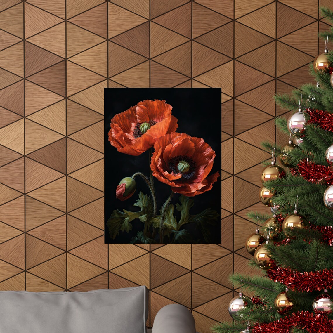 California Poppy Red Orange Duo Buds Dark Bold Floral Painting Poster - Image 3
