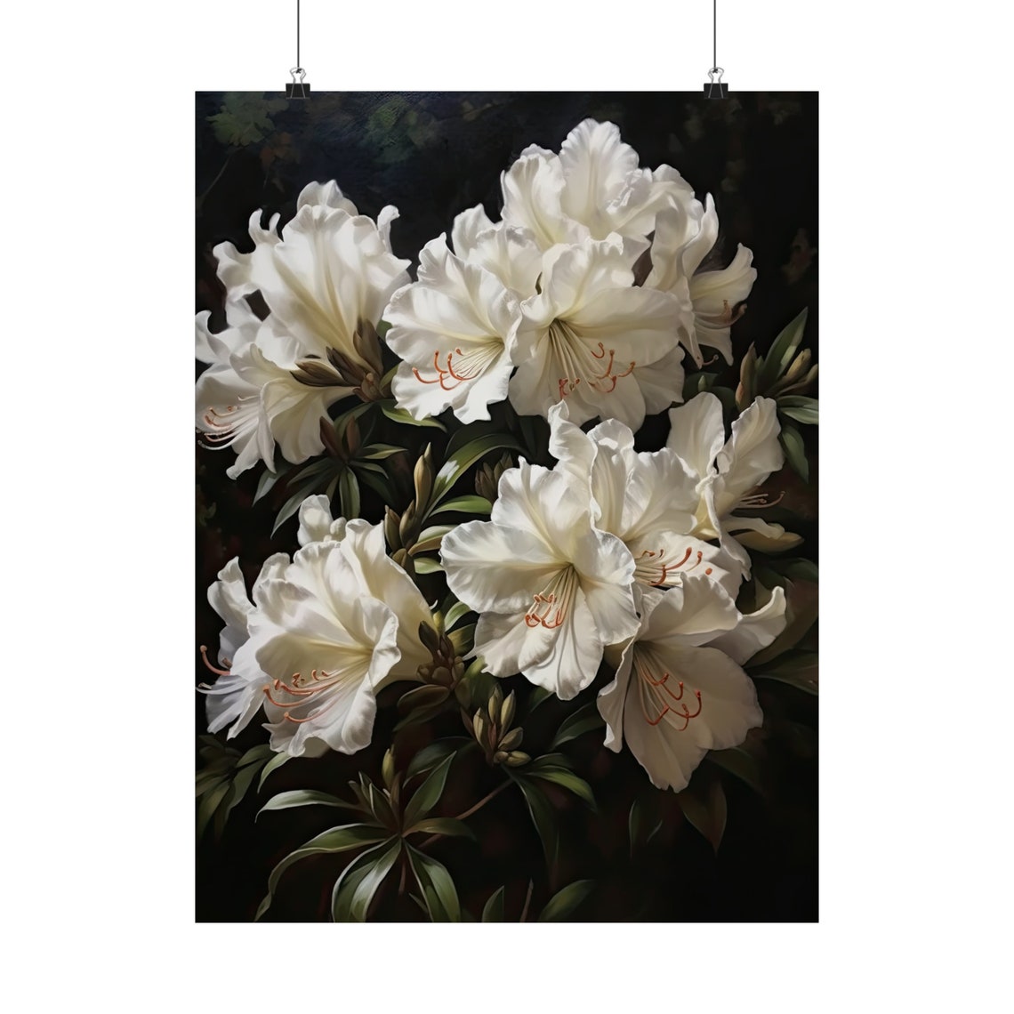 Elegant White Azalea Blossoms Dark Moody Botanical Art Poster - Image 4