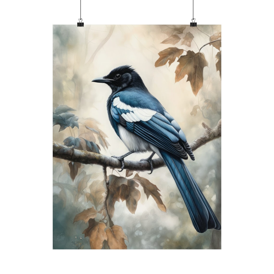 Black Billed Magpie Perched on Autumn Branch Watercolor Bird Poster - Image 5