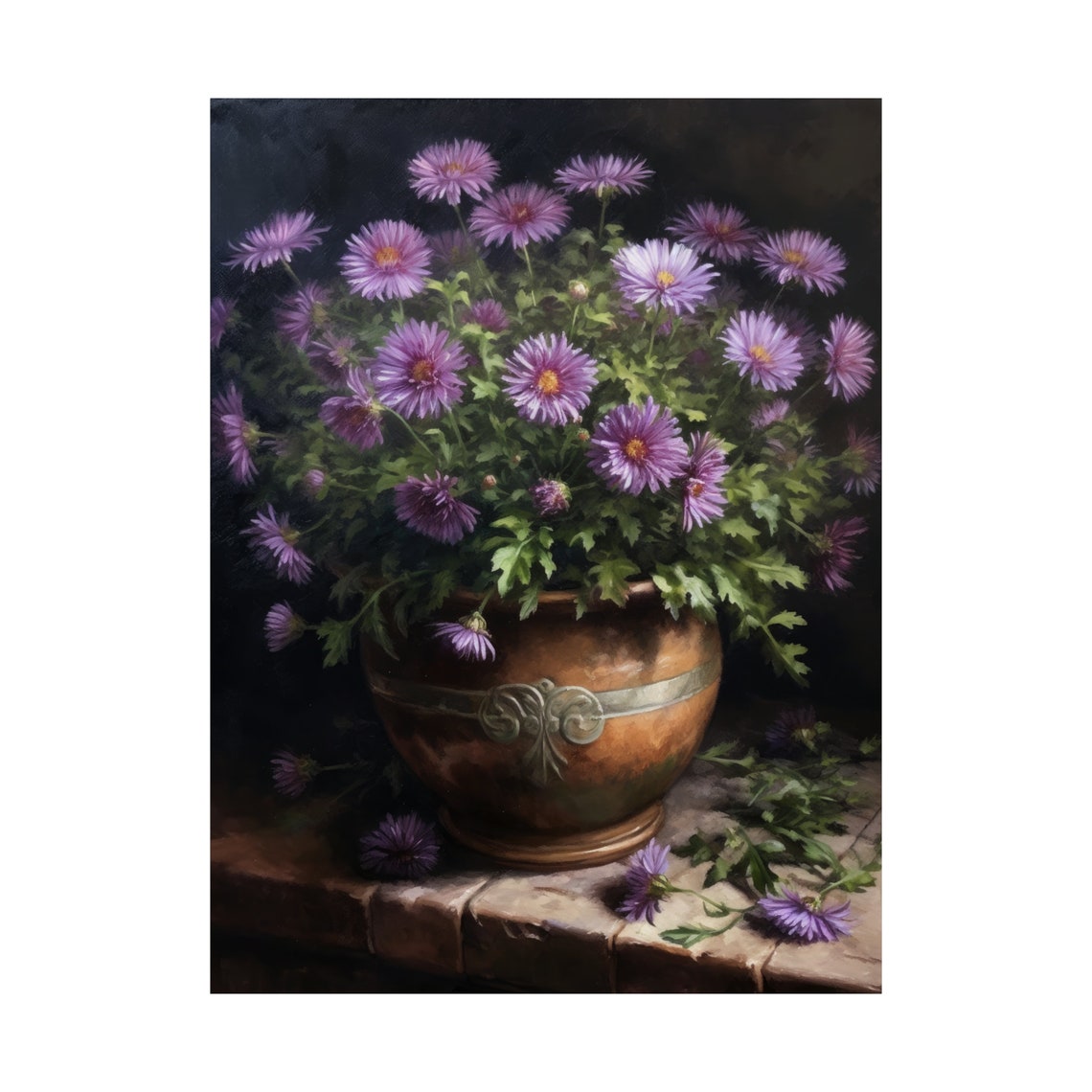 Lavender Aster Flowers Ornate Bronze Pot Still Life Floral Art Print - Image 4