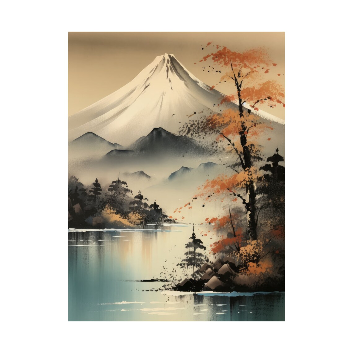 Mt Fuji Misty Autumn Lake Reflection Serene Ink Wash Travel Poster - Image 4