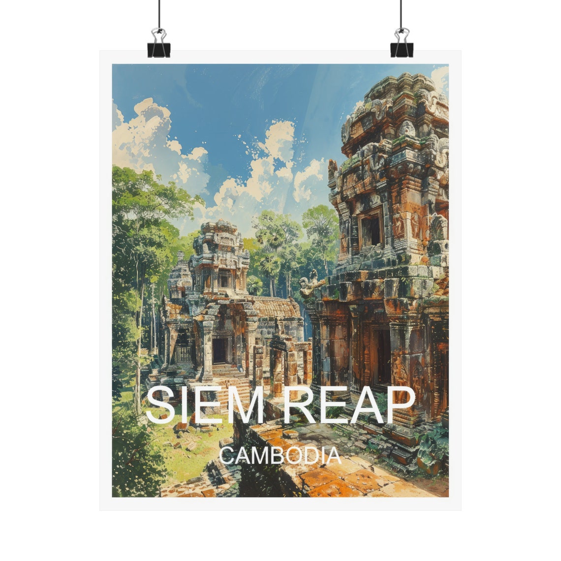Siem Reap Cambodia Ancient Khmer Temple Towers Jungle Painting Poster - Image 4