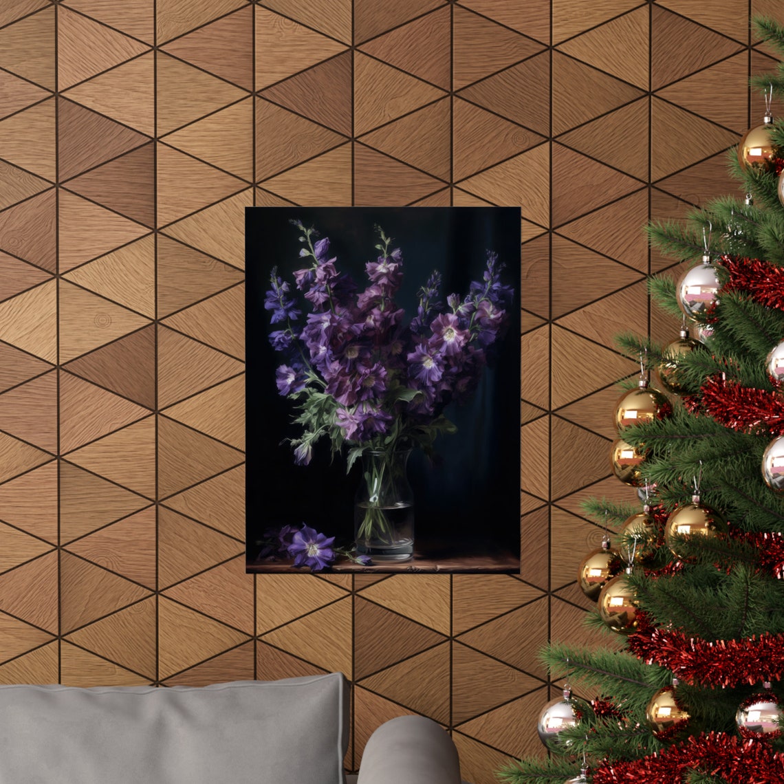 Purple Delphinium Flowers Glass Vase Dark Still Life Fine Art Poster - Image 3