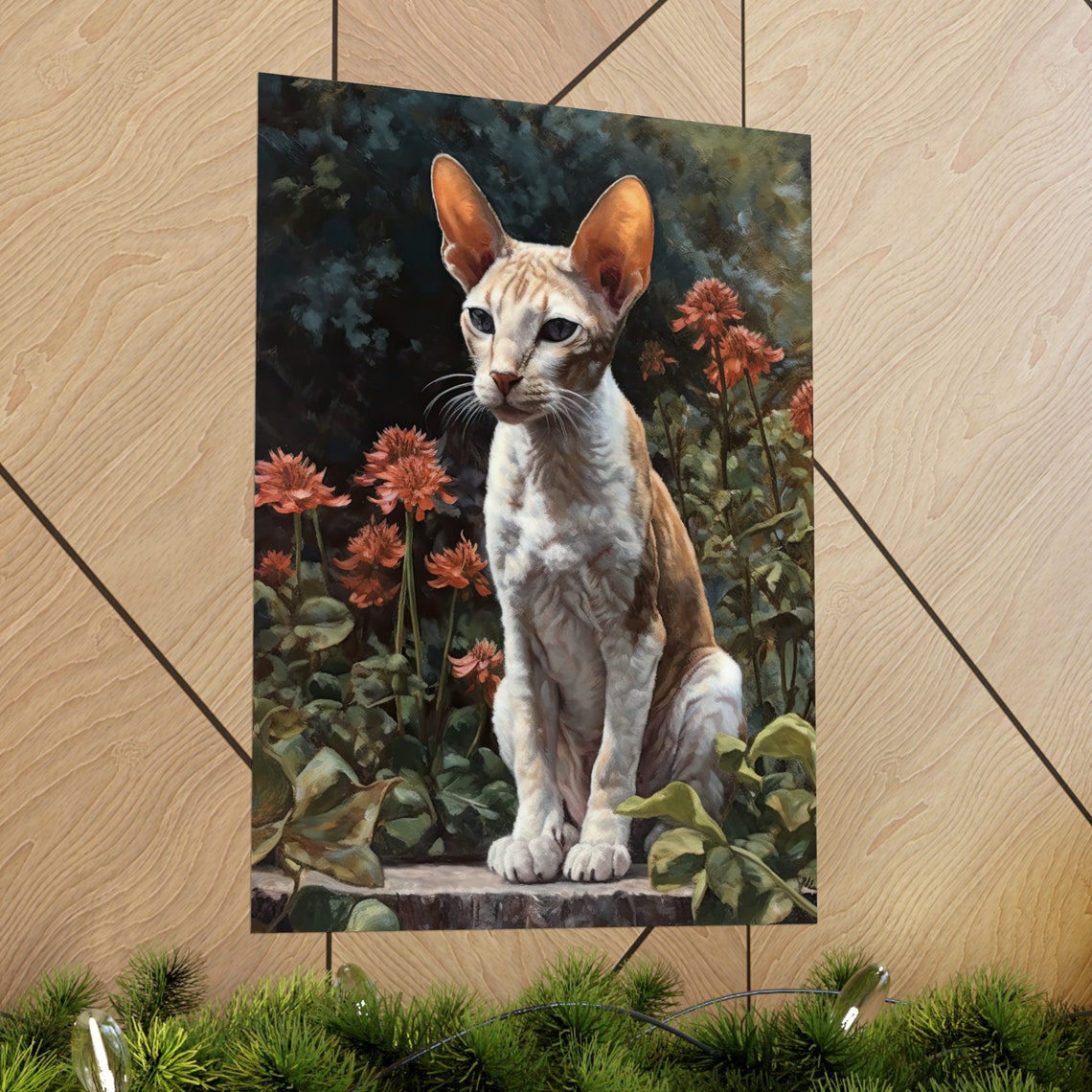 Cornish Rex Cat Big Ears Garden Portrait Red Flowers Art Poster - Image 2