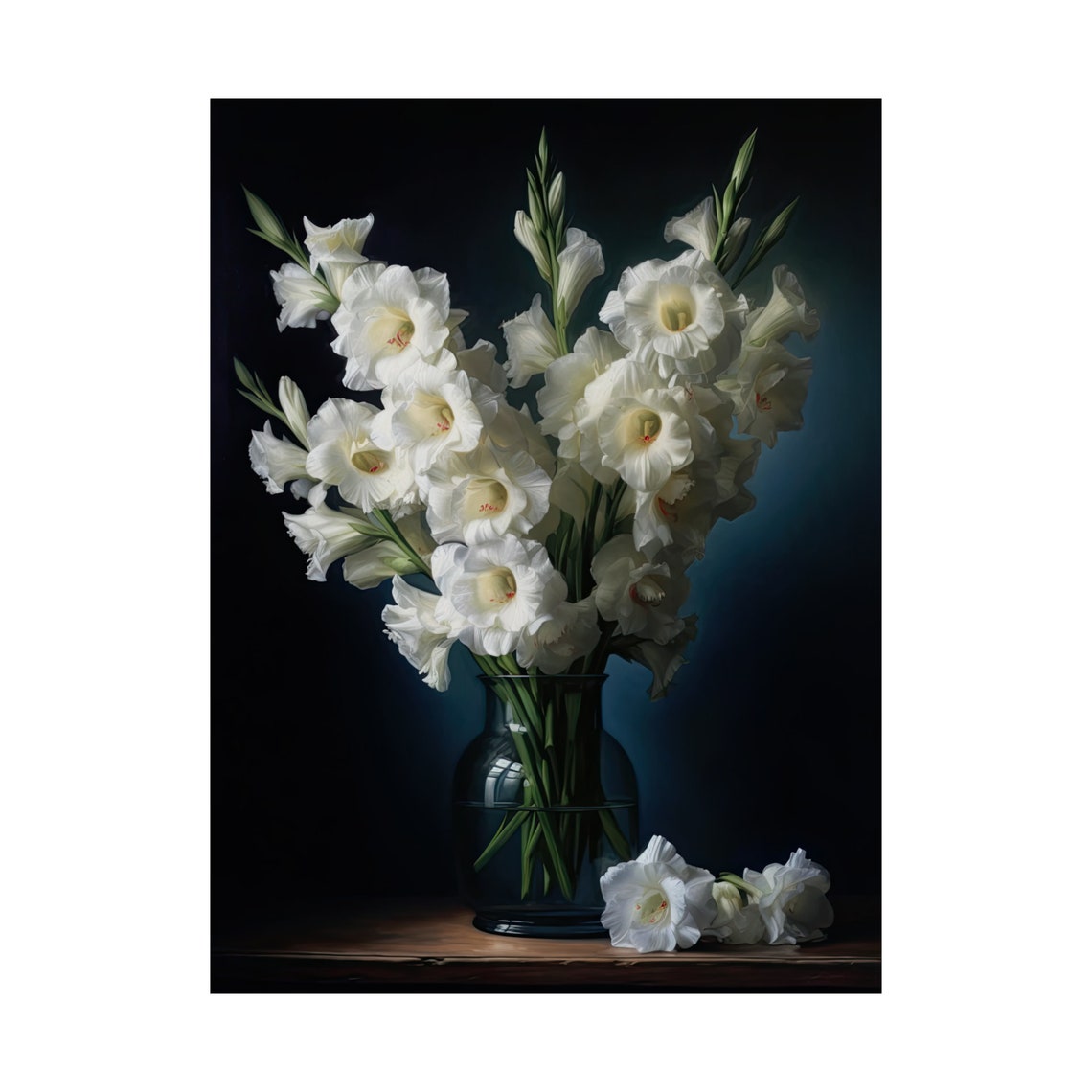White Gladiola Blooms Glass Vase Dark Moody Still Life Art Poster - Image 4