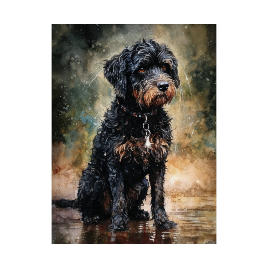 Barbet Dog Watercolor Art Print With Collar Sitting On Wet Ground - Image 4