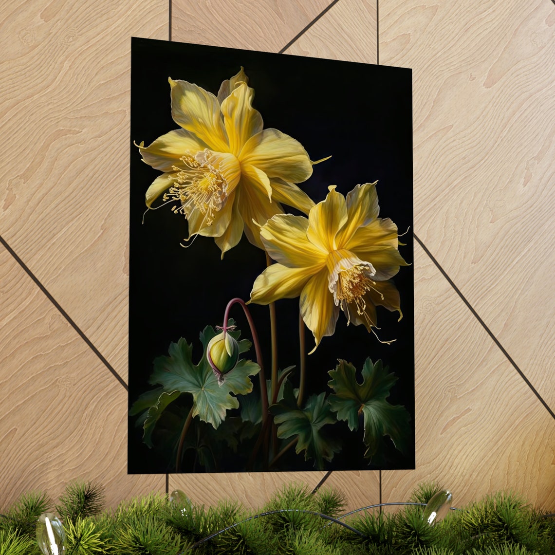 Golden Columbine Yellow Blooms Bud Dark Elegant Floral Poster - Image 2