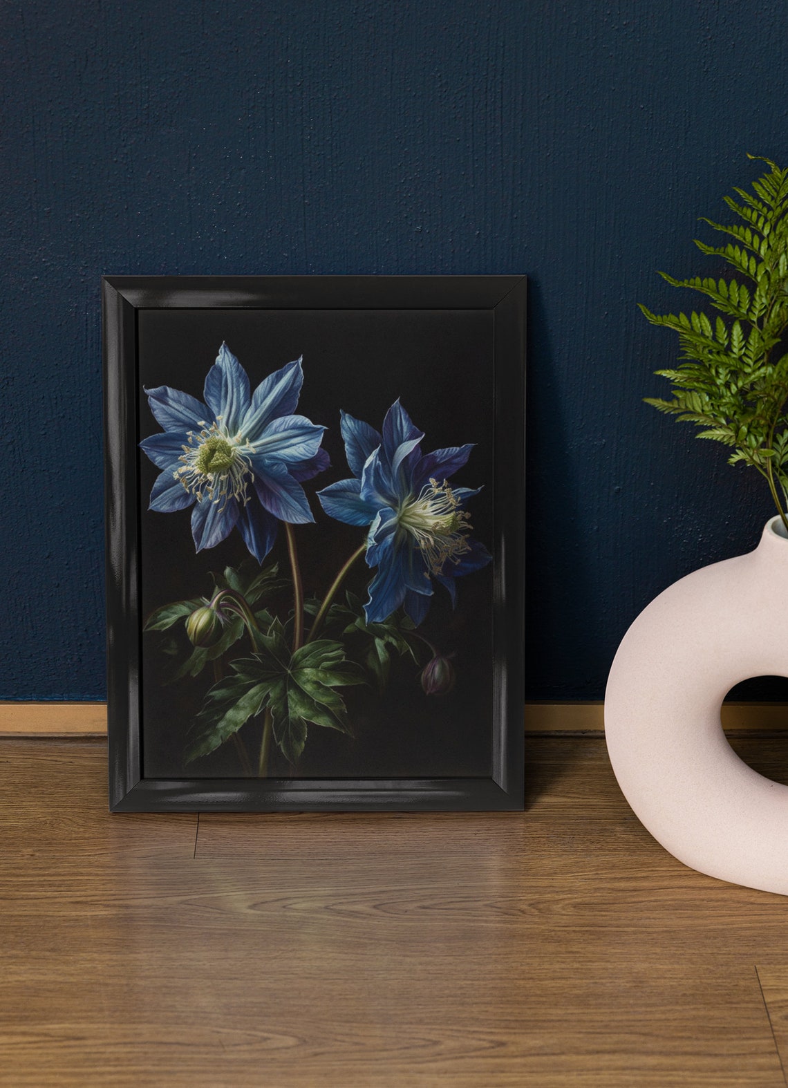 Blue Columbine Flowers Dramatic Dark Background Floral Art Print