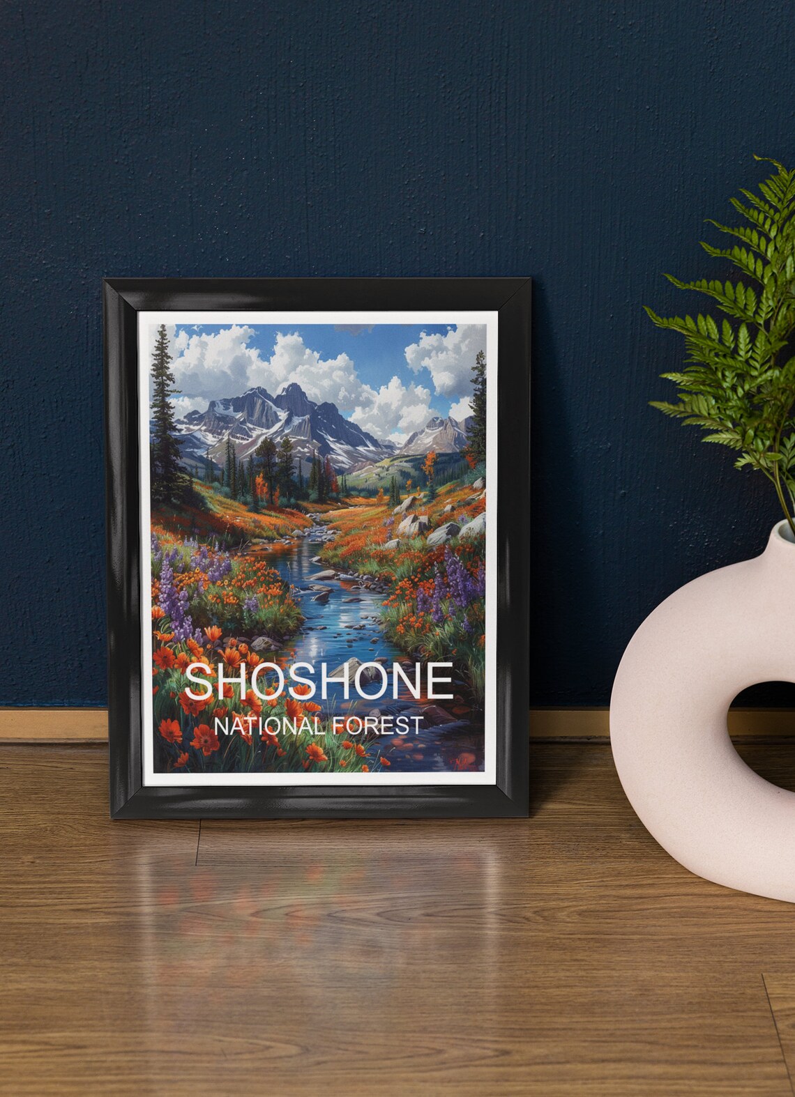 Shoshone National Forest Wildflower Stream Snowy Peaks Travel Poster