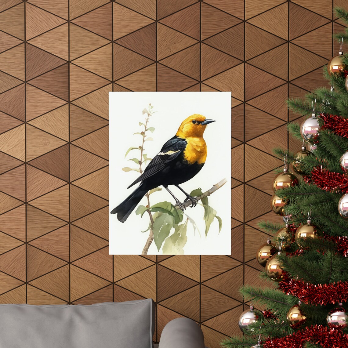 Yellow Headed Blackbird Perched Branch Watercolor Bird Art Print - Image 3