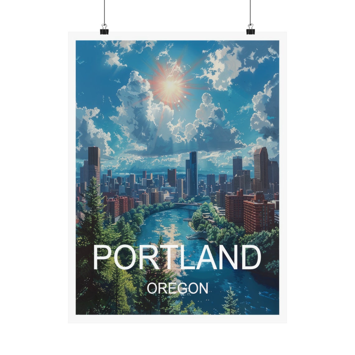 Portland Oregon Downtown Skyline River Sunshine Travel Poster - Image 5