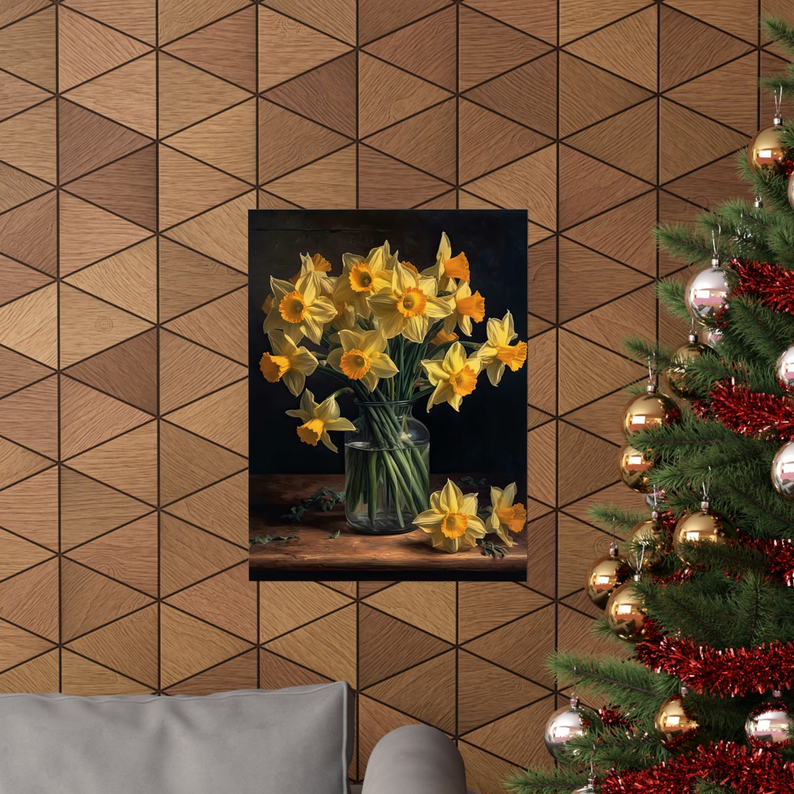 Yellow Daffodil Blooms Sunny Orange Trumpets Glass Vase Art Poster - Image 3