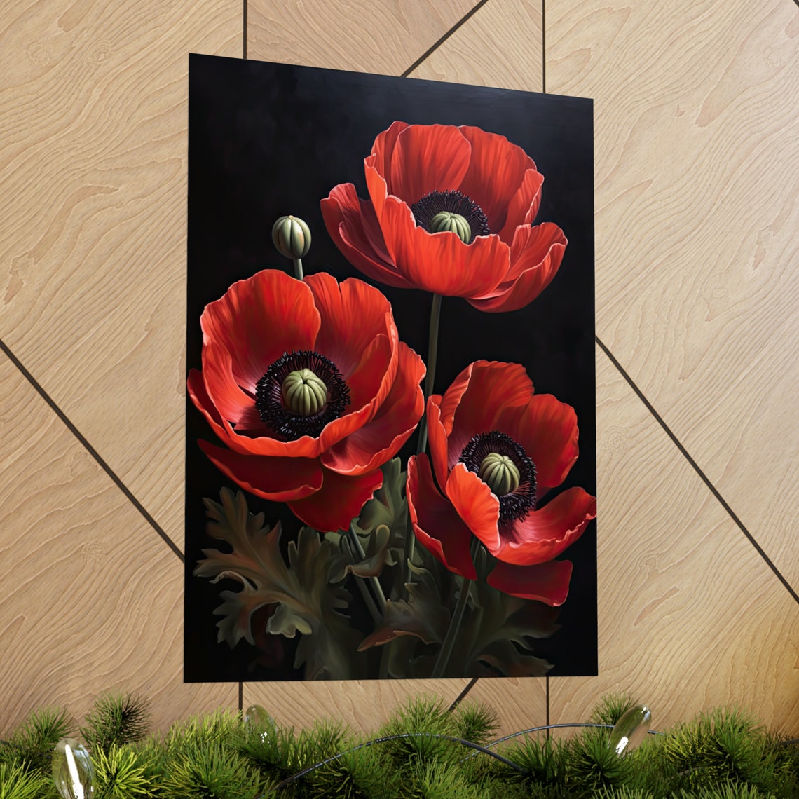Scarlet Anemone Blooms Dark Moody Botanical Floral Art Poster - Image 2