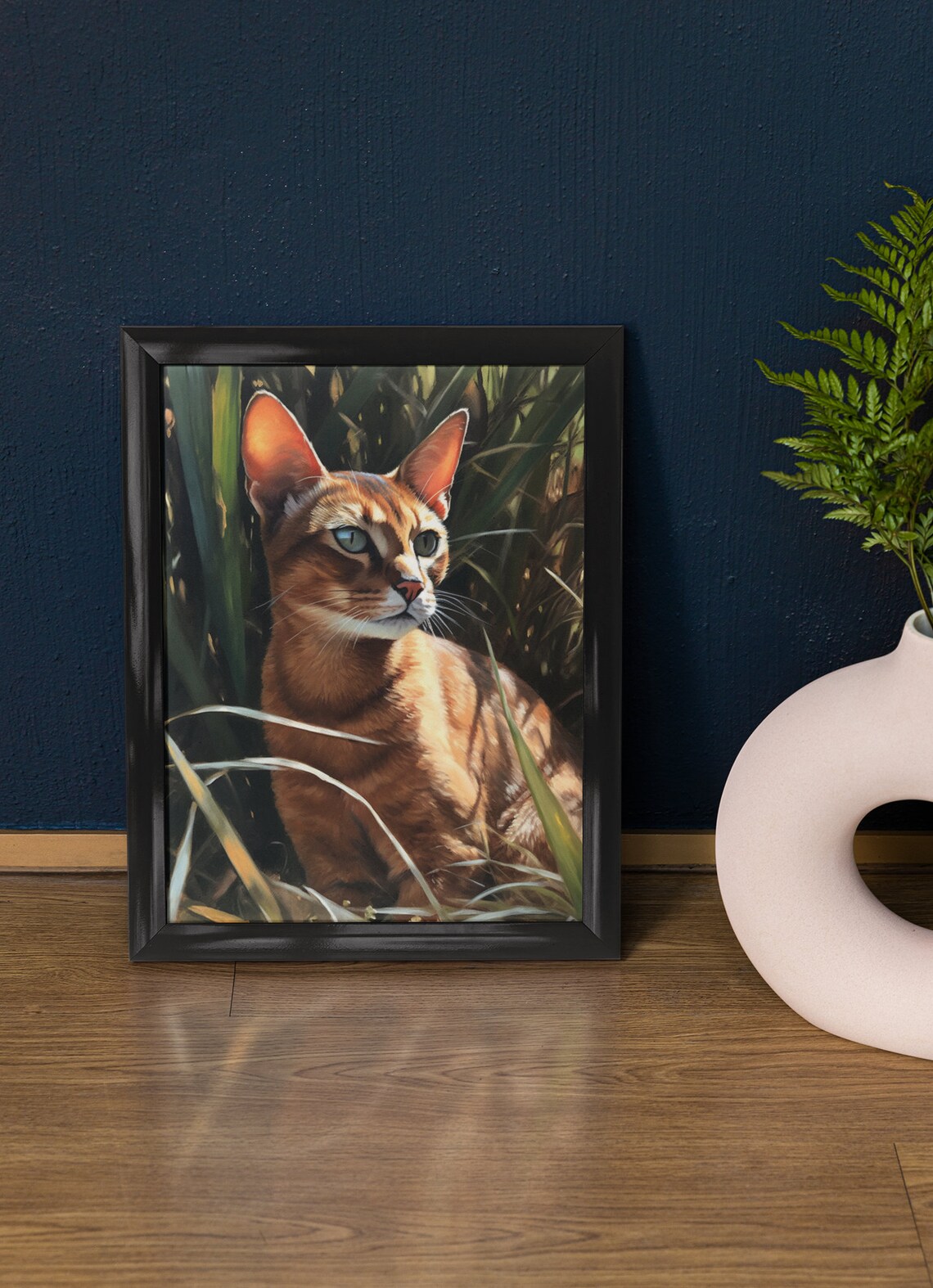 Abyssinian Cat Portrait Sunlit Grass Ruddy Ticked Coat Feline Art Print