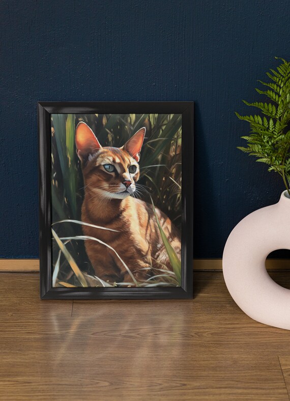 Abyssinian Cat Portrait Sunlit Grass Ruddy Ticked Coat Feline Art Print