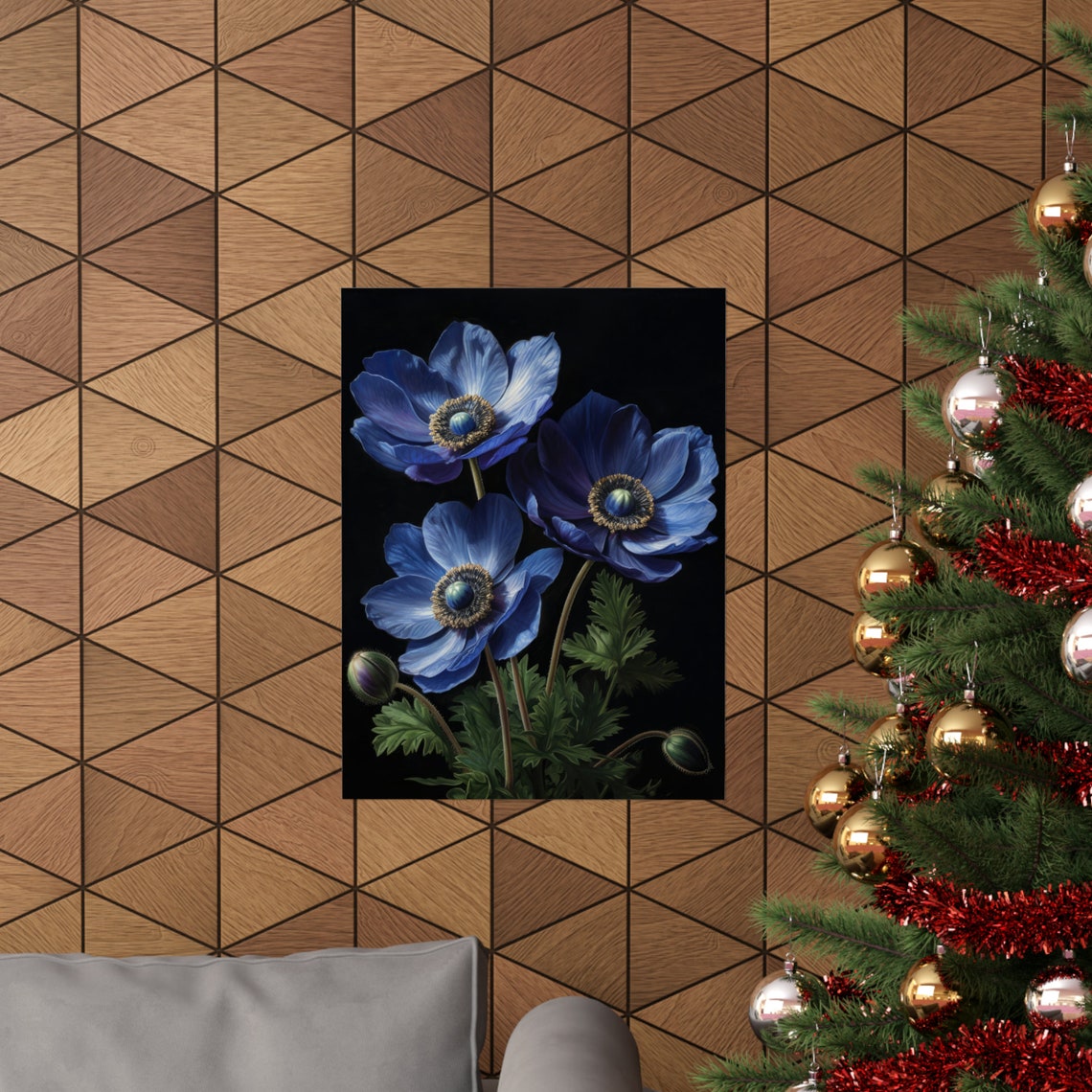 Blue Anemone Flowers Dark Background Moody Botanical Art Poster - Image 3