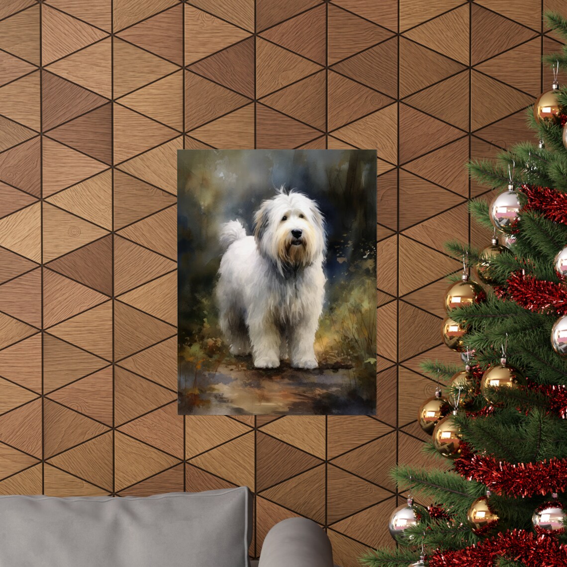Old English Sheepdog Shaggy White Watercolor Dog Portrait Poster - Image 3