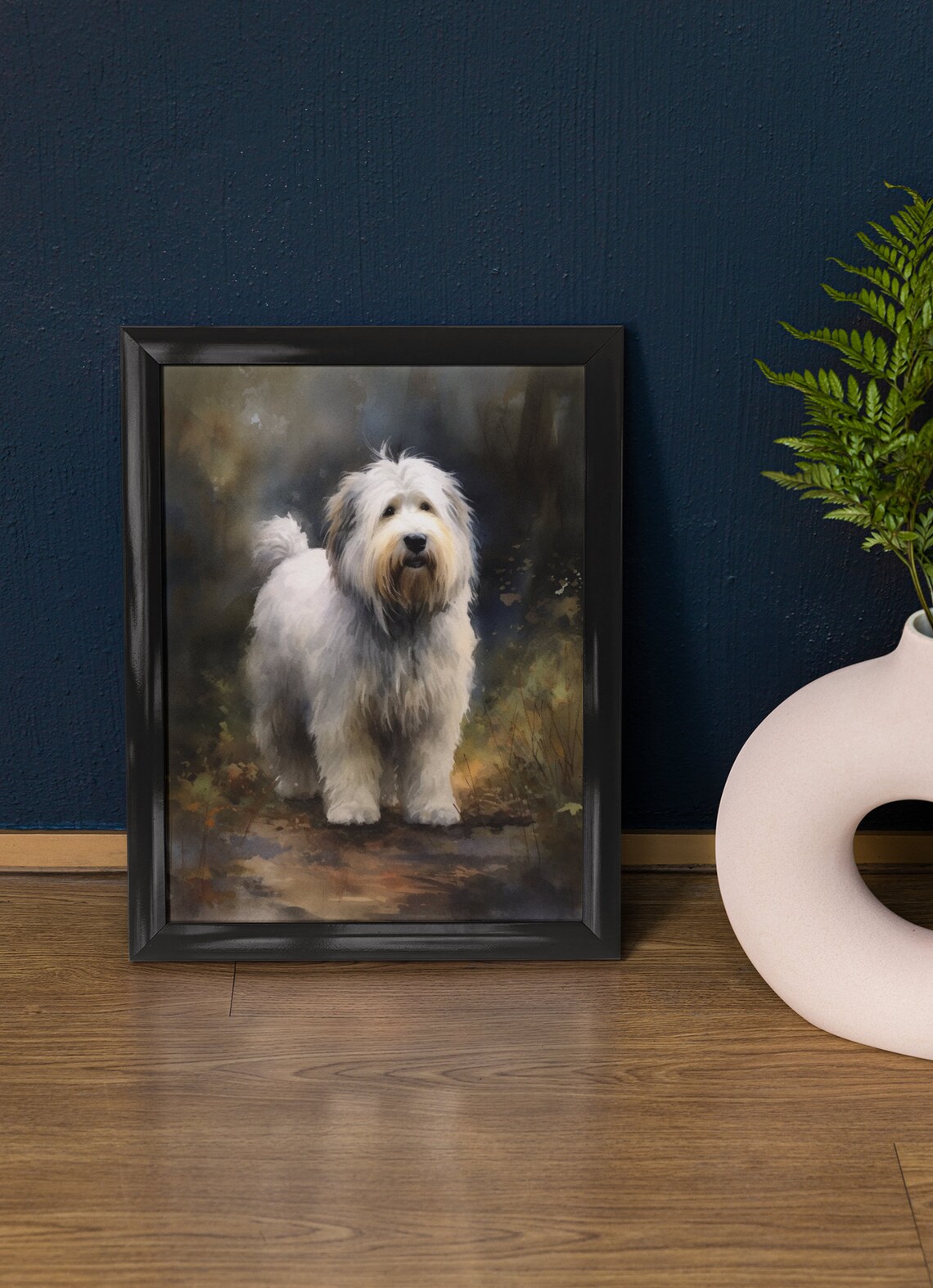 Old English Sheepdog Shaggy White Watercolor Dog Portrait Poster