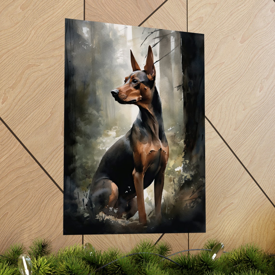 German Pinscher Watercolor Portrait Sitting In Dark Forest Art Print - Image 2