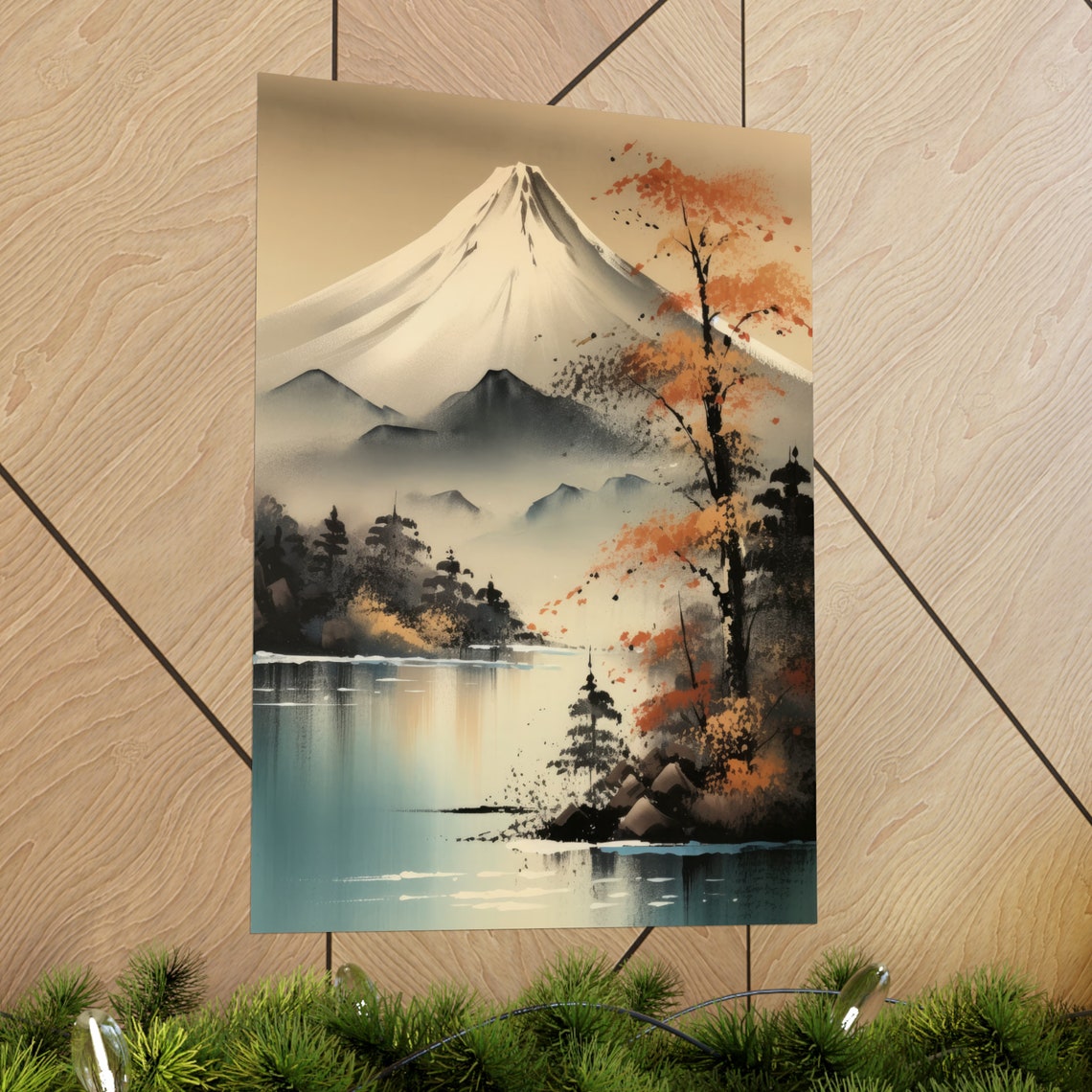 Mt Fuji Misty Autumn Lake Reflection Serene Ink Wash Travel Poster - Image 2