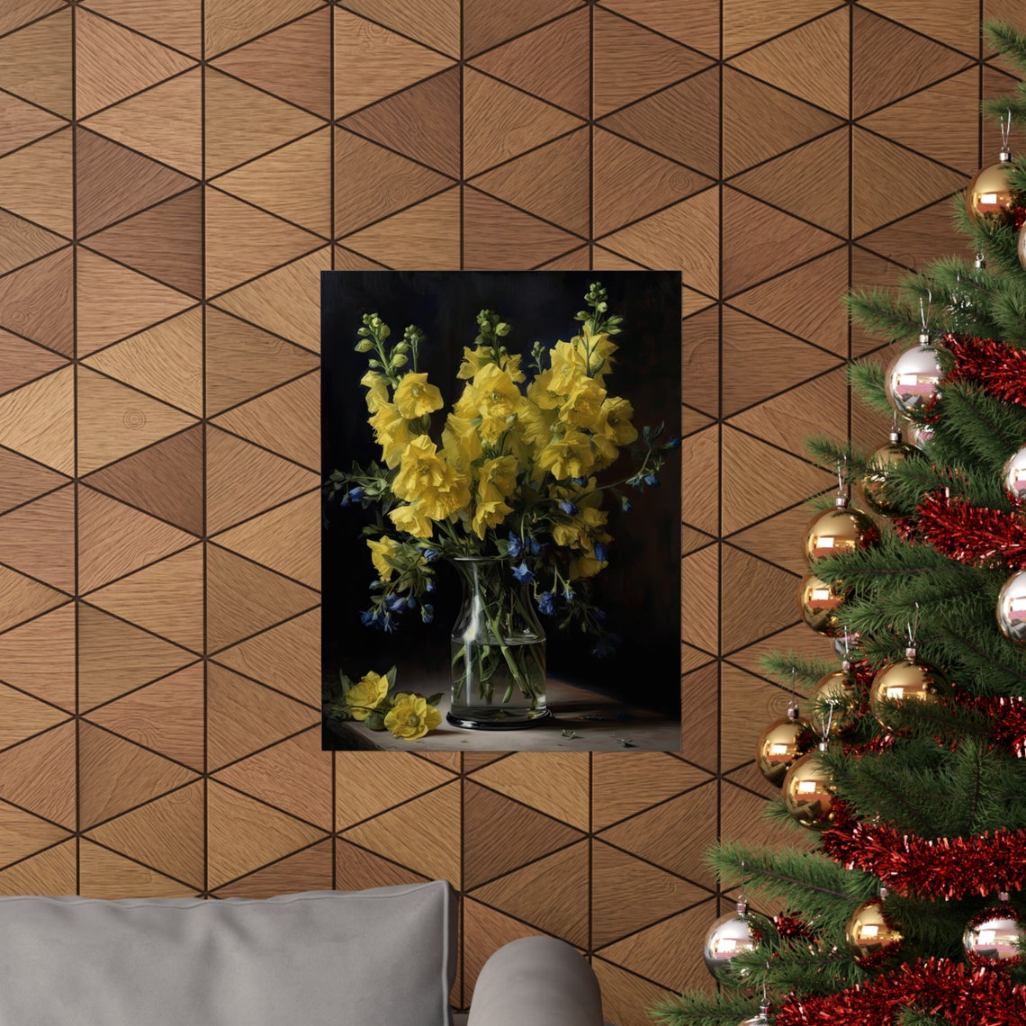 Yellow Delphinium Tall Spikes Glass Vase Dark Still Life Poster - Image 3