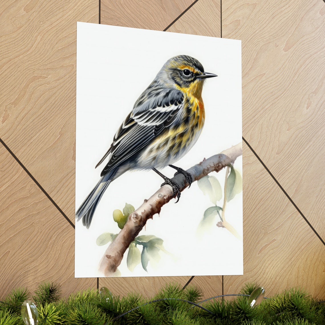 Yellow Rumped Warbler Bird Watercolor Perched Branch Fine Art Poster - Image 2