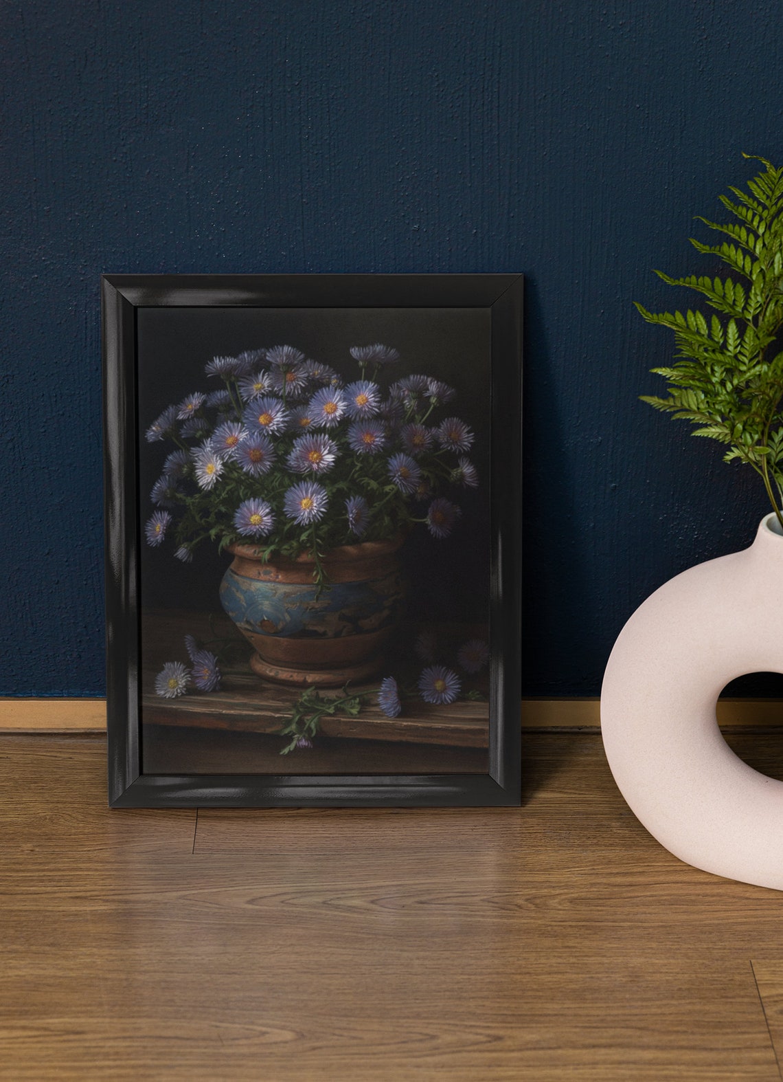 Blue Aster Flowers Antique Porcelain Vase Dark Still Life Art Print