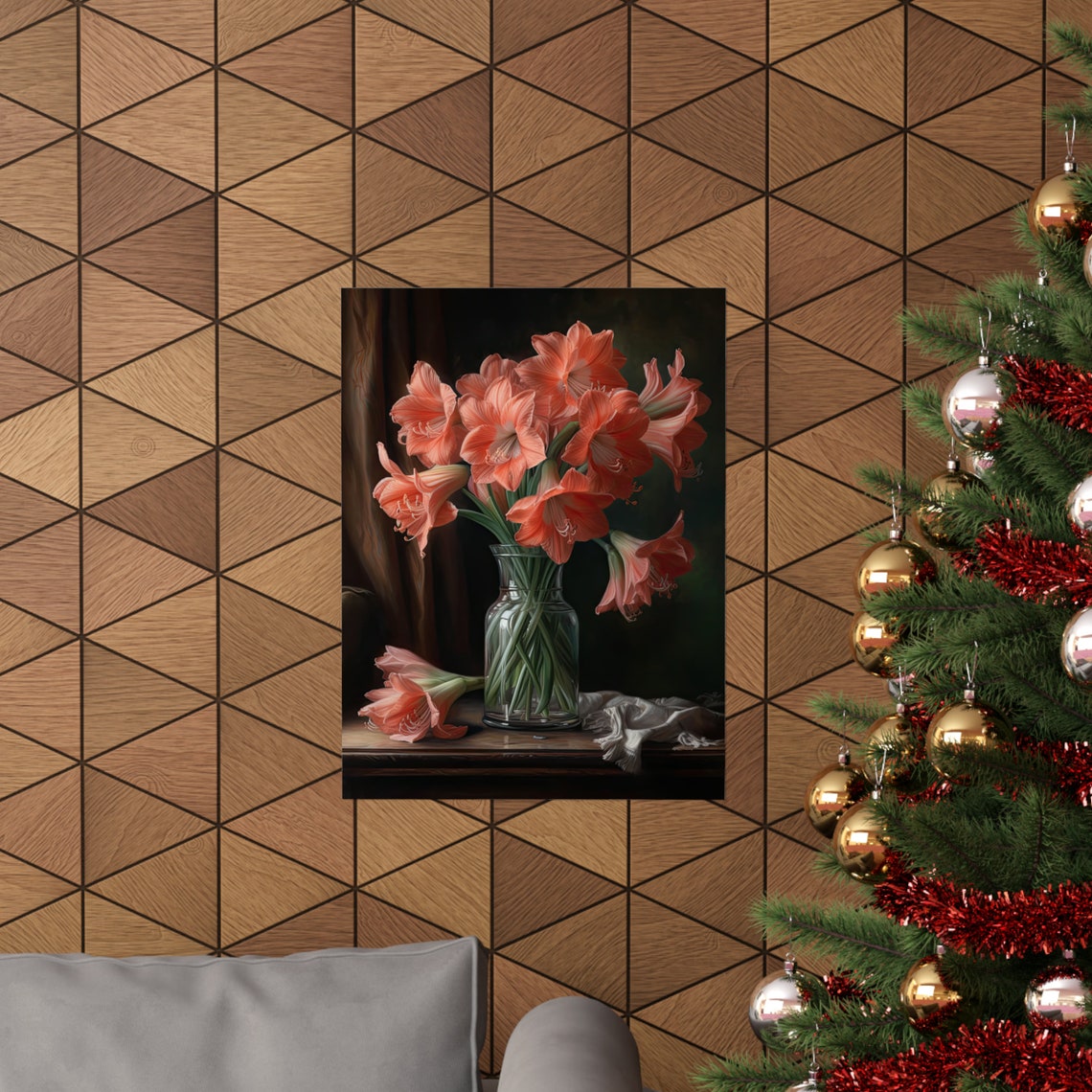 Salmon Amaryllis Flowers Dark Still Life Vase Table Art Print - Image 3