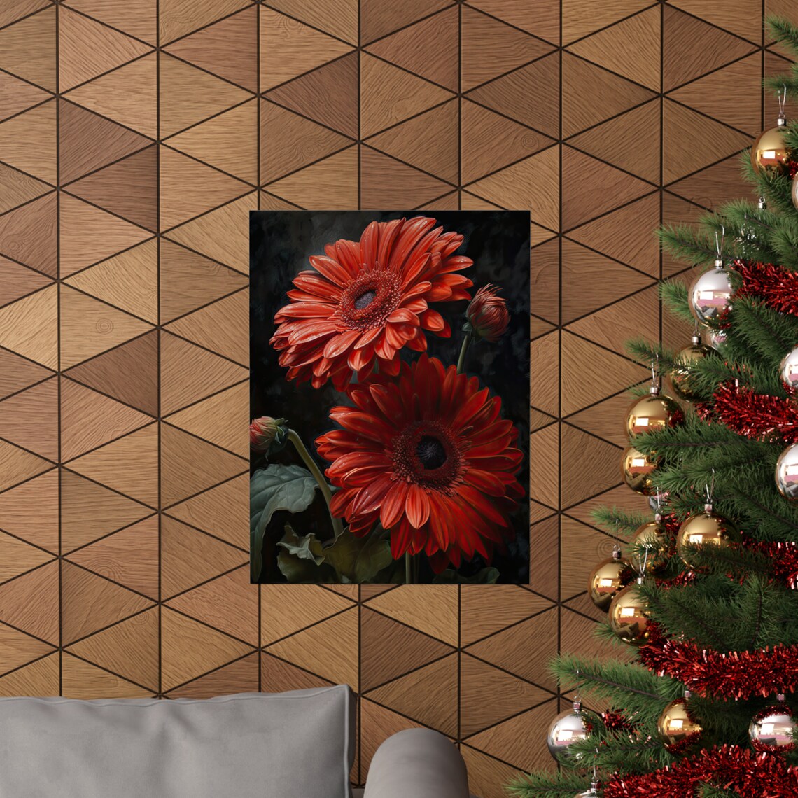 Red Gerbera Daisies Dark Moody Floral Oil Painting Botanical Wall Art - Image 3