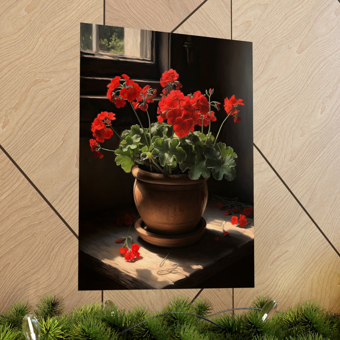 Red Geranium Terracotta Pot Sunlit Window Dark Still Life Art Poster - Image 2