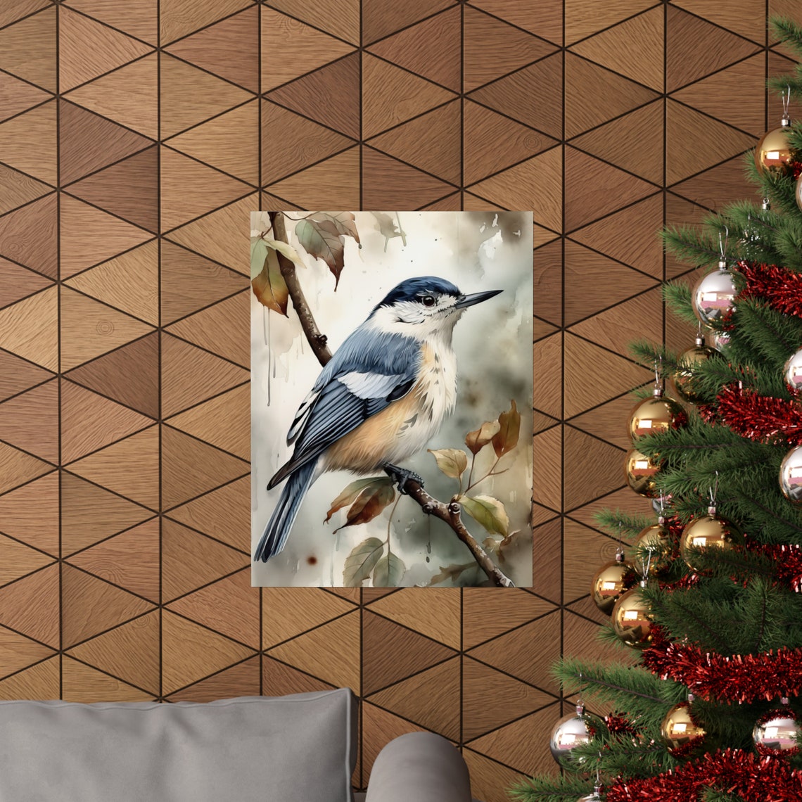 White Breasted Nuthatch Bird Watercolor Autumn Branch Fine Art Poster - Image 3
