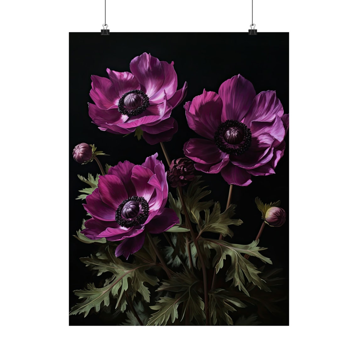 Magenta Anemone Trio Buds Dark Moody Botanical Floral Art Wall Print - Image 5