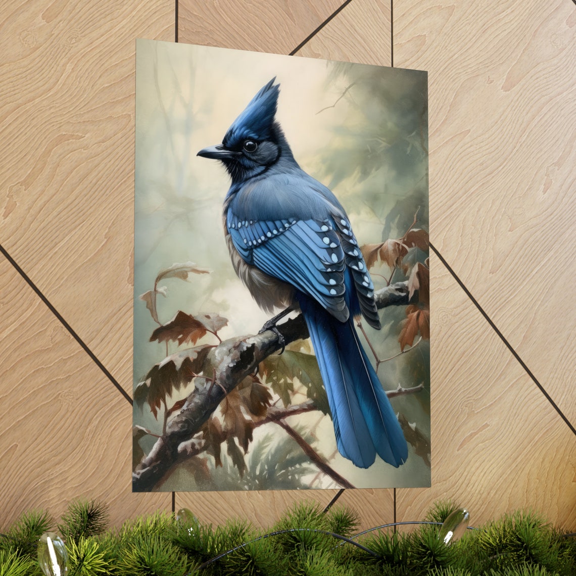Steller's Jay Watercolor Bird Perched Autumn Branch Art Poster - Image 2