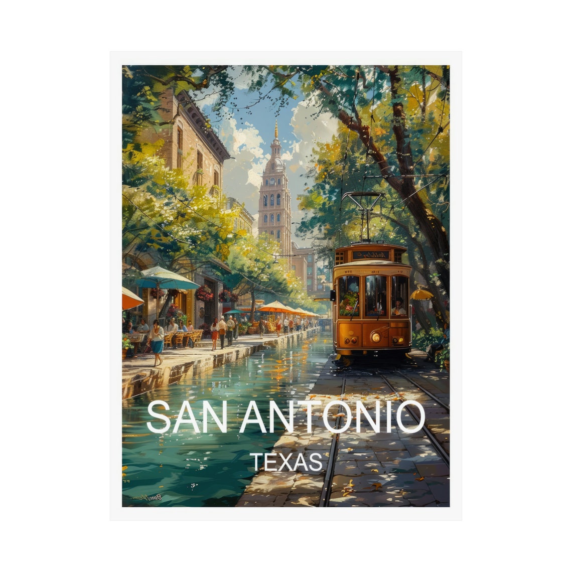 San Antonio Texas River Walk Streetcar Vintage Style Travel Poster - Image 3