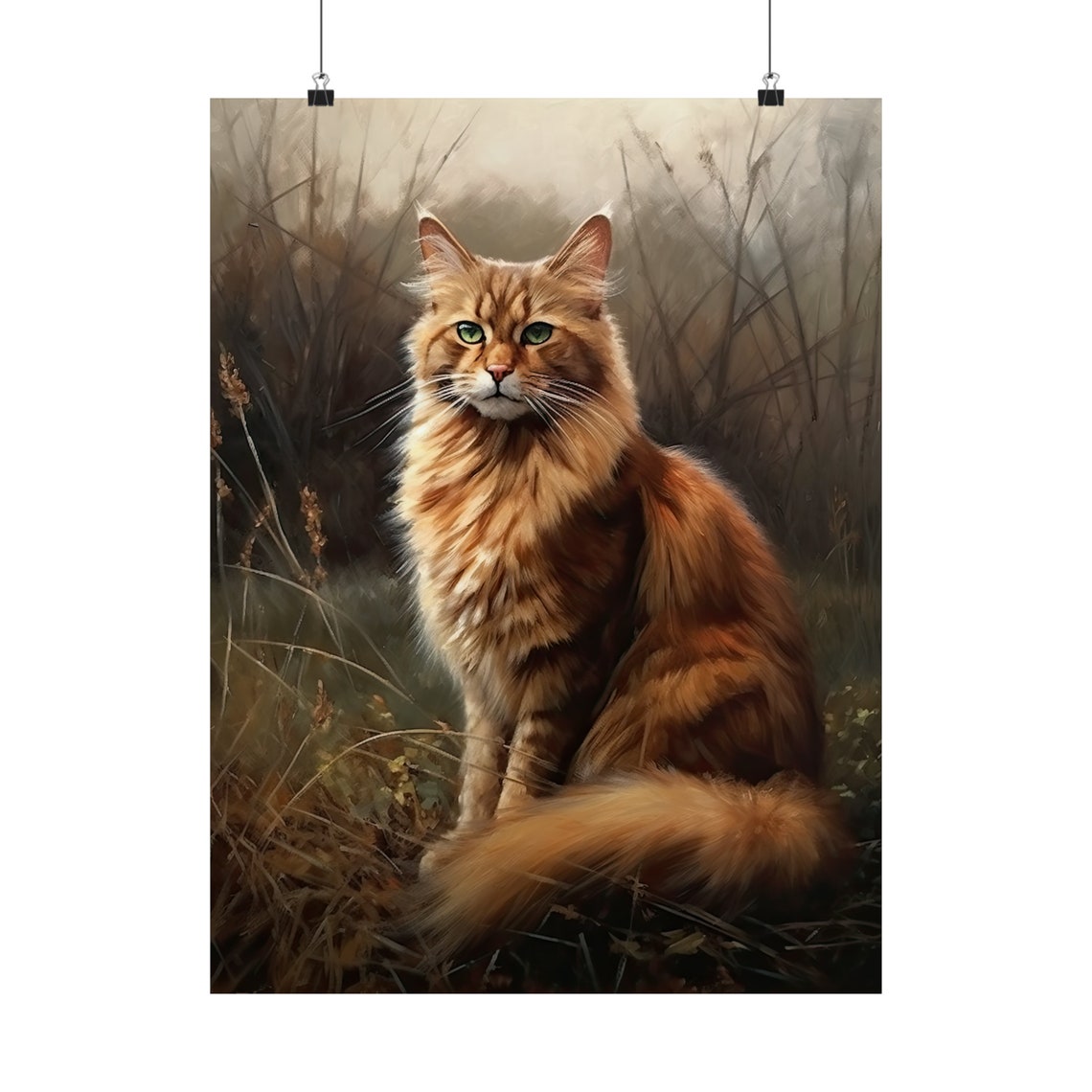 Somali Cat Sitting In Misty Meadow Long Fluffy Tail Portrait Art Print - Image 5
