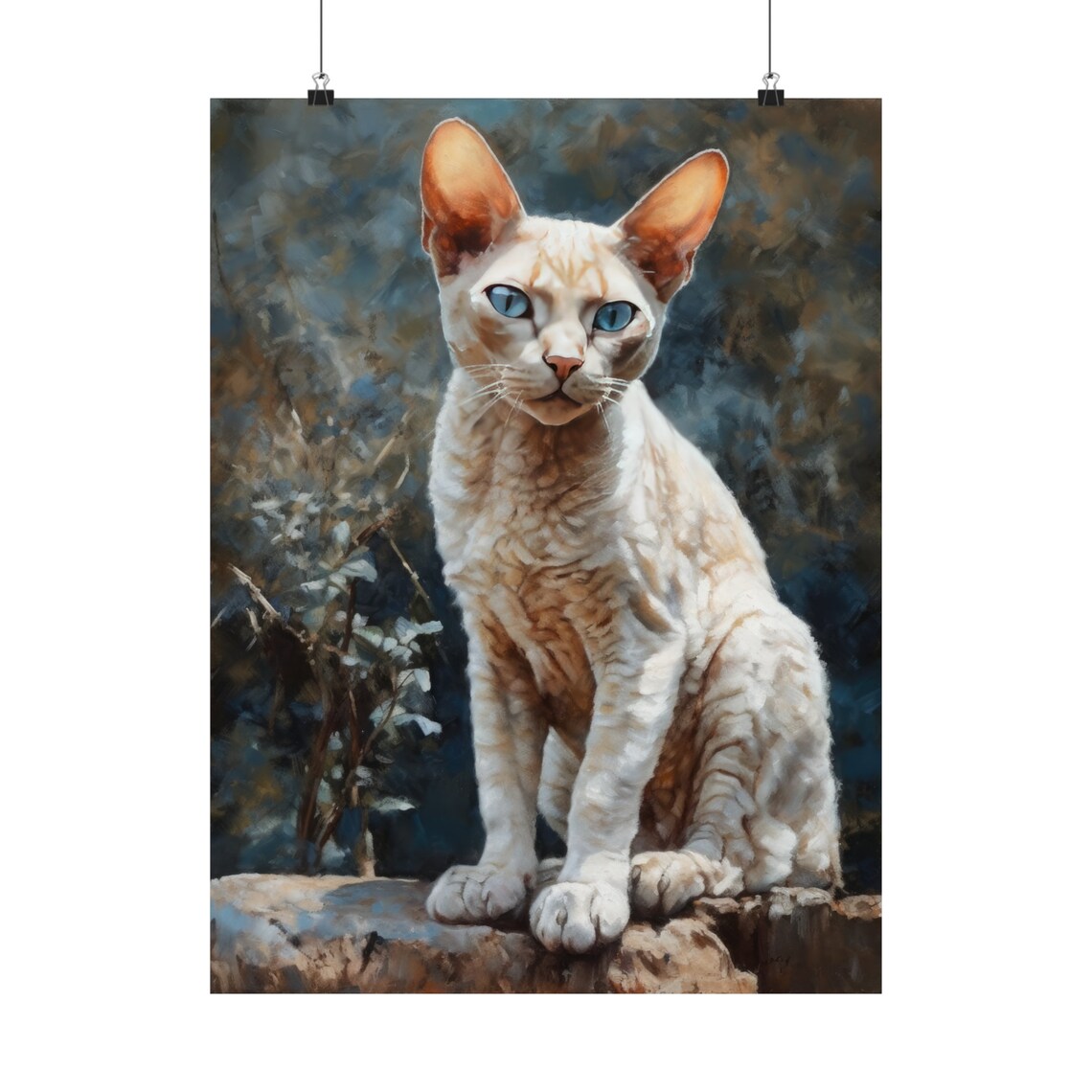 Devon Rex Cat Blue Eyes Portrait Wavy Cream Coat Rocks Feline Art Print - Image 5