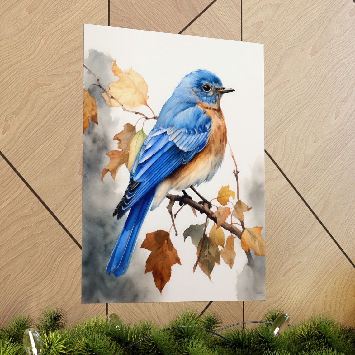 Eastern Bluebird Autumn Leaves Watercolor Songbird Bird Art Print - Image 2