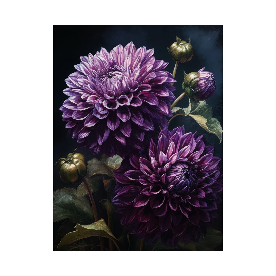 Deep Purple Dahlia Blooms Moody Dark Floral Botanical Art Print - Image 4