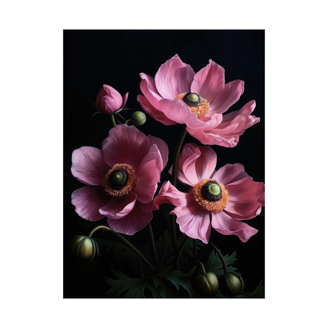 Pink Anemone Blooms Buds Dark Moody Botanical Floral Still Life Poster - Image 4