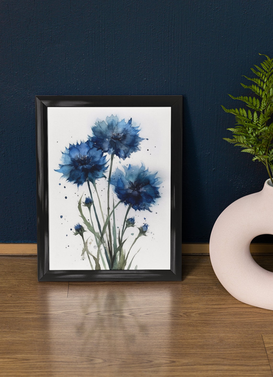 Blue Bachelor Buttons Cornflower Watercolor Botanical Poster