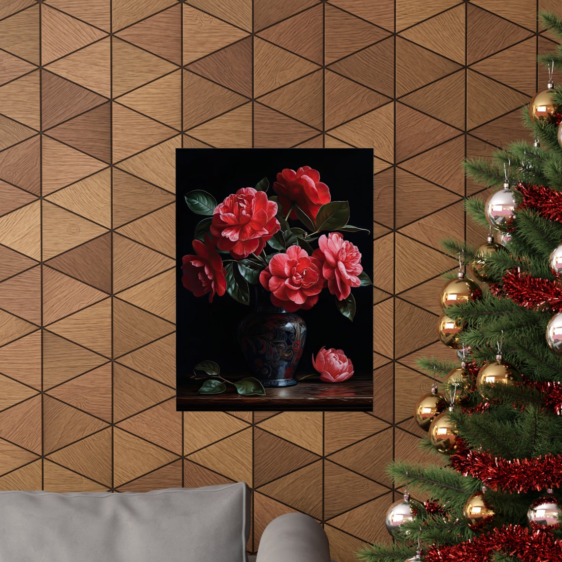 Red Camellia Blossoms Dark Still Life Floral Painting Fine Art Poster - Image 3