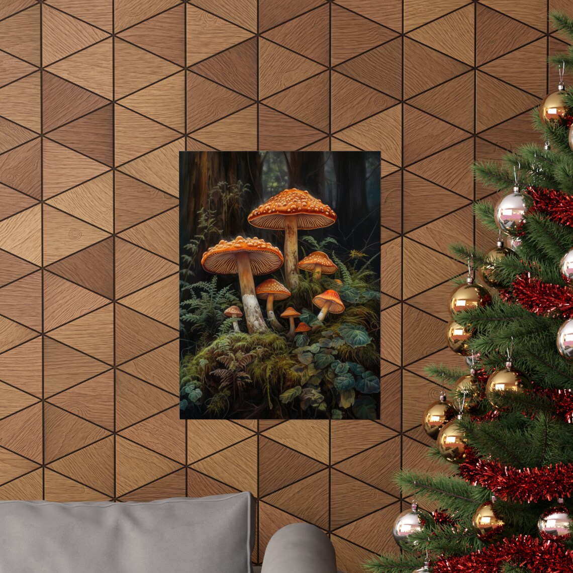Bumpy Orange Shaggy Mushrooms Among Ferns Dark Woodland Art Poster - Image 3