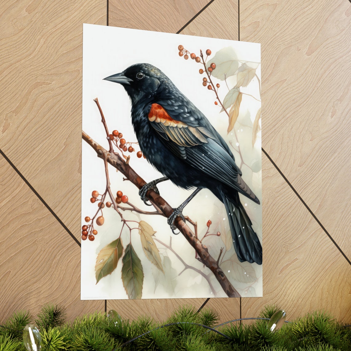 Red Winged Blackbird Watercolor Red Berry Branch Bird Fine Art Poster - Image 2