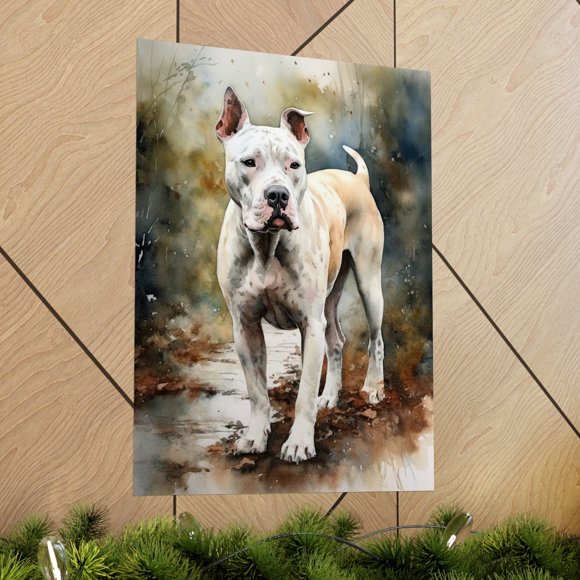 Dogo Argentino White Muscular Dog Standing Watercolor Portrait Poster - Image 2