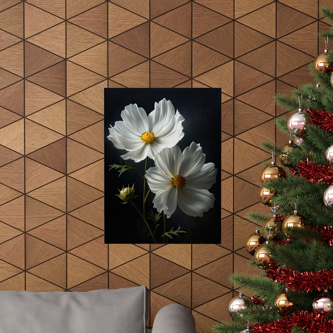 White Cosmos Flowers Dark Background Botanical Fine Art Poster - Image 3