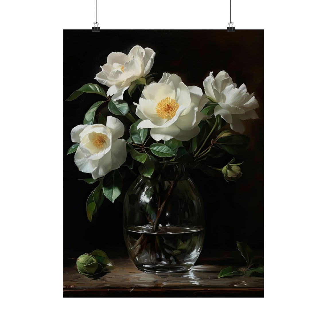White Camellia Blossoms Glass Vase Dark Botanical Fine Art Poster - Image 5