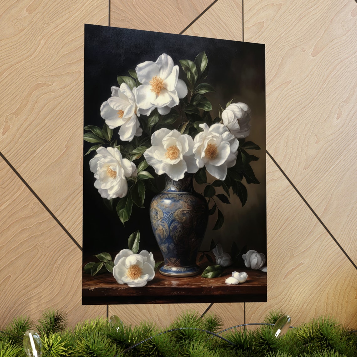 White Camellia Flowers Dark Still Life Floral Painting Fine Art Poster - Image 2