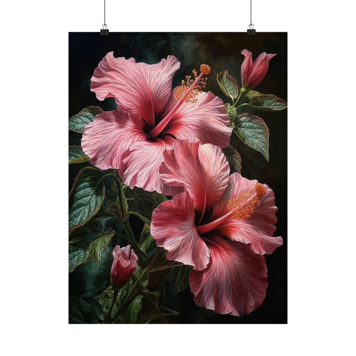 Pink Hibiscus Flowers Moody Dark Botanical Floral Wall Art Print - Image 5